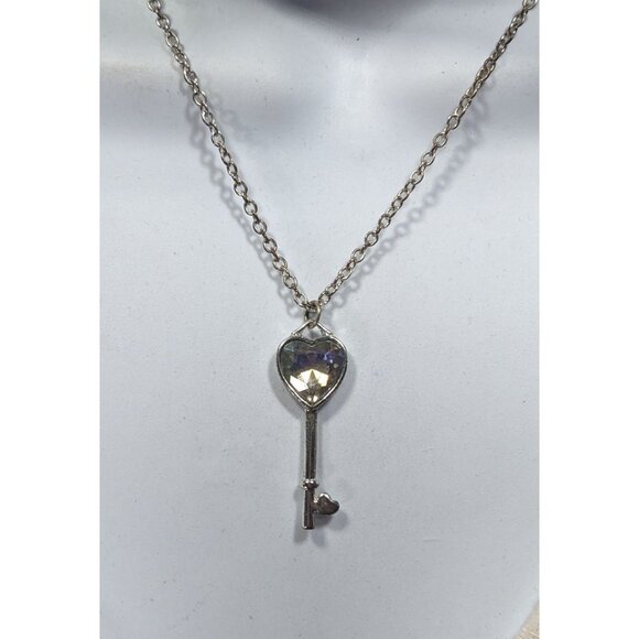Fantasy Steampunk Heart Gemmed Key Silver Tone Pendant Necklace - Picture 4 of 6